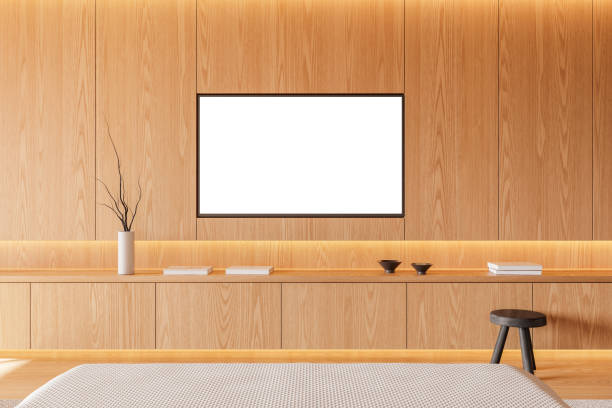 istock Wooden bedroom interior with TV 2145559107