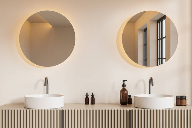 istock Modern hotel bathroom interior with double sink and accessories on vanity 2145561155