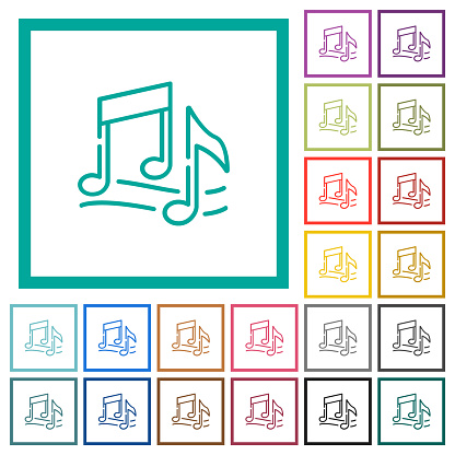 Music notes outline flat color icons with quadrant frames on white background