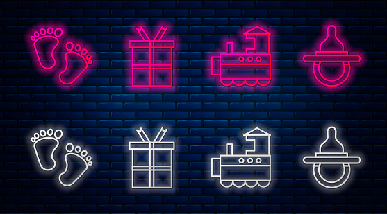 Set line Gift box, Toy train, Baby footprints and Baby dummy pacifier. Glowing neon icon on brick wall. Vector
