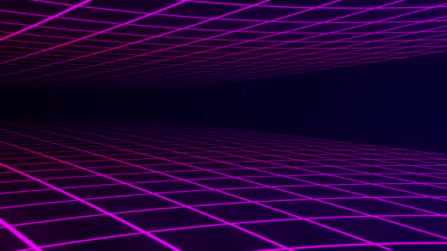 Geometric background of bright abstract lines. Data stream. Movement effect. Checkered field. Reference 3D retro mesh. 4k animation