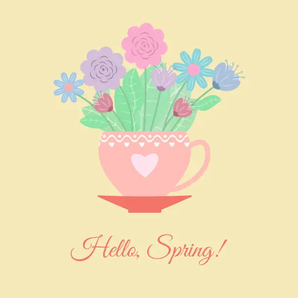 Vector illustration of Flower bouquet in the pink cup.  Suitable for spring and summer greeting cards, banners, social media.