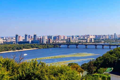 View of Paton bridge and left bank of the Dnieper river in Kiev, Ukraine