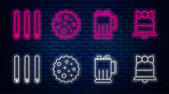 Set line Cookie or biscuit with chocolate, Hot chocolate cup with marshmallows, Three rolled sticks of cinnamon and Merry Christmas ringing bell. Glowing neon icon on brick wall. Vector