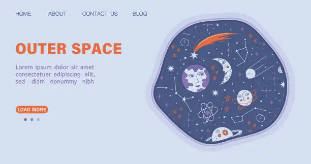 Vector illustration of Outer space website template. Landing page for astronomy website with planets, moon, stars on dark sky. International day of human space flight. Science theme homepage design concept. Vector illustration.