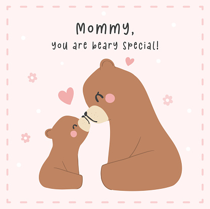 Mothers Day Bear Mom and Baby Cub kissing nose to nose Heartwarming Greeting Card Illustration.