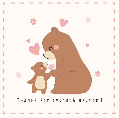 Mothers Day Bear Mom and Baby Cub Heartwarming Greeting Card Illustration.