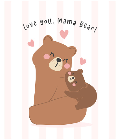 Heartwarming Mothers Day Bear Mom and Baby cuddle Cub Adorable Greeting Card Illustration.