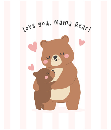 Heartwarming Mothers Day Bear Mom and Baby hugging Cub Greeting Card Illustration.