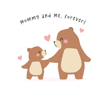 Heartwarming Mothers Day Bear Mom and Baby hugging Cub Greeting Card Illustration.
