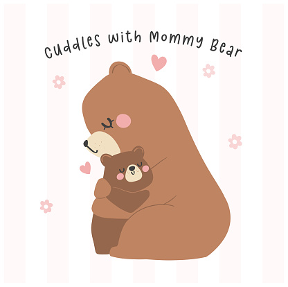 Mothers Day Bear Mom and Baby Cub hugging Heartwarming Greeting Card Illustration.