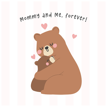 Mothers Day Bear Mom and Baby Cub hugging Heartwarming Greeting Card Illustration.