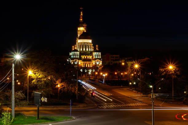 View of illuminated Annunciation cathedral at night in Kharkov, Ukraine