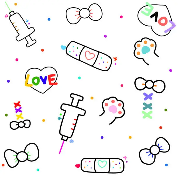 Vector illustration of Cute lines, doodles Cartoon pictures, syringes, cat feet, bows and hearts.