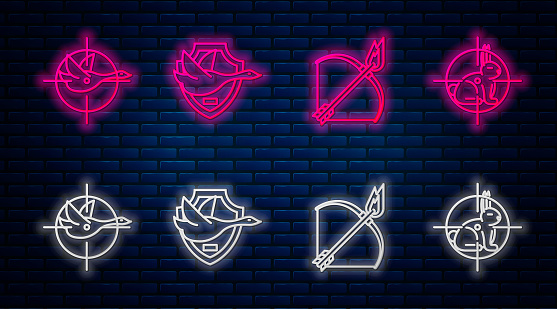 Set line Flying duck on shield, Bow and fire arrow, Hunt on duck with crosshairs and Hunt on rabbit with crosshairs. Glowing neon icon on brick wall. Vector