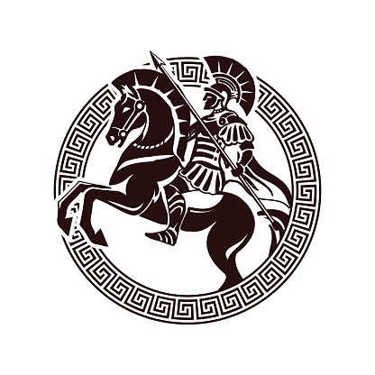 Retro Vintage Greek Sparta Spartan Horseback Knight Warrior with Coin Ornament Shape, Illustration Design Vector