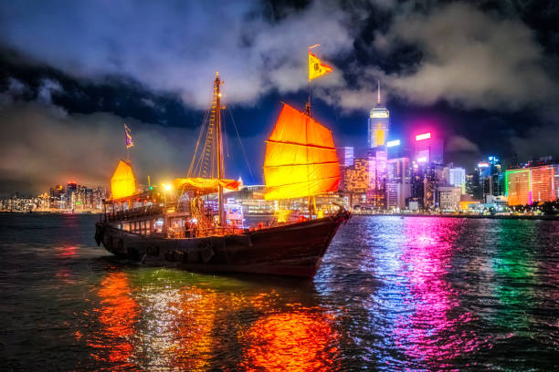 Hong Kong cityscape skyline at night with Traditional Junk Boat