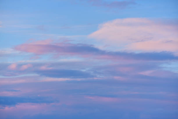 Evening sunset sky. Light blue yellow clouds in the sky.