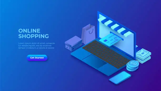 Vector illustration of Dark isometric laptop computer with store front on screen and credit card. Illustration for online shopping advertisement
