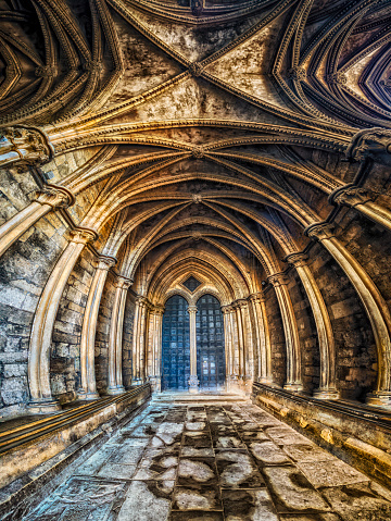 Vertical panorama of the roof vault of the Lincoln Cathedral seen from the inside at Lincoln, England, United Kingdom