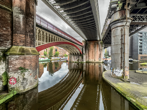 View of Castlefield, in the centre of Manchester, UK.  Three Bridges can be seen over the canal.  There are no people in the photograph.