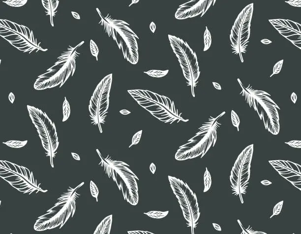 Vector illustration of Seamless pattern with delicate feathers in doodle style on a white background, drawn in black ink. Brush and paint texture. Vector illustrations for textile print and pattern. Bird feathers