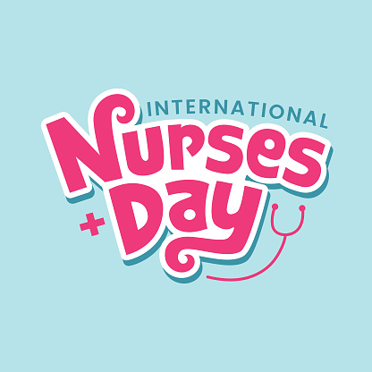 International Nurses Day template design with bold text and medical elements on blue background. Happy Nurses Day banner, poster, greeting card design.