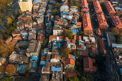 An aerial view of the old urban area of Wuhan, with densely packed houses in China