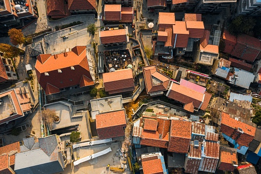 An aerial view of the old urban area of Wuhan, with densely packed houses in China