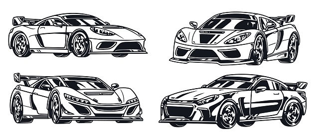 Cool cars monochrome set logotypes with low-slung sports automobiles for fast acceleration during street racing vector illustration
