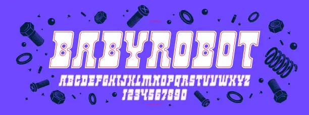 Vector illustration of Bold futuristic comics display font for logos and posters, cartoon minimal alphabet letters and numbers typography, robot digital thick futuristic comic typeface design, italic version.