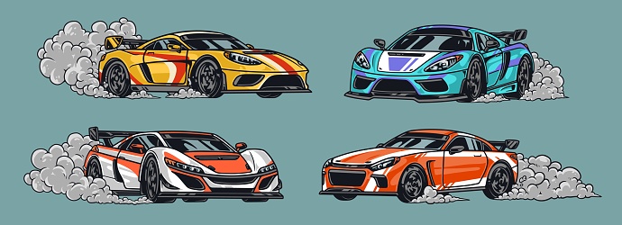 Racing cars colorful set stickers with fast automobiles for drifting with smoke coming from under wheels vector illustration