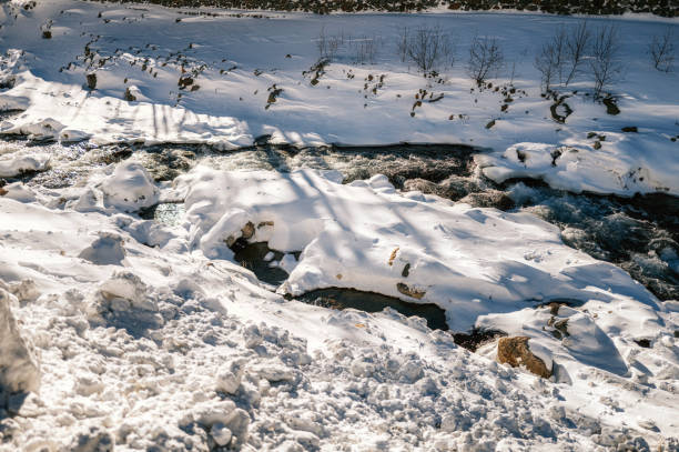stream water flowing from Chang Bai San, China in winter