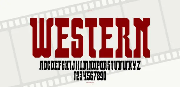 Vector illustration of Bold massive vector geometric font for logo creation, wild west American style typeface for posters and headlines, western typography like saloon or western typing.