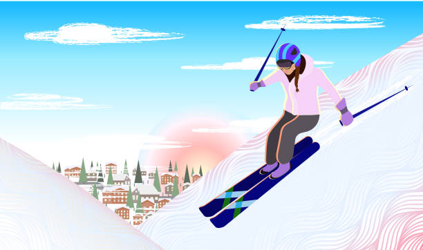 スキー場、スキー。山からスキーをする女の子のベクトル画像、冬休みや休暇 - trois vallees illustrations点のイラスト素材／クリップアート素材／マンガ素材／アイコン素材