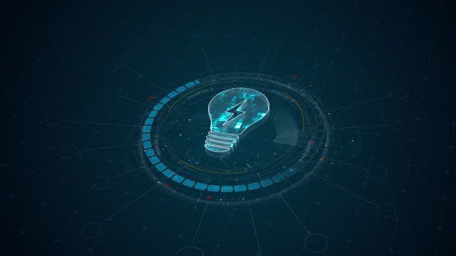 Motion graphic of Blue digital lamp logo and 3D circle futuristic HUD elements with lightbulb and ideas concept on abstract background