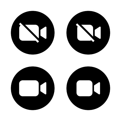 Mute video call icon vector on black circle. Turn off camera sign symbol illustration