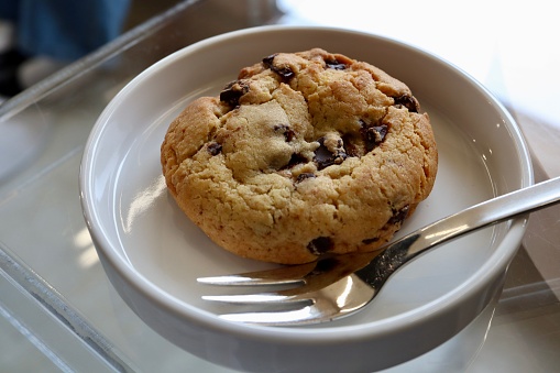 One chocolate chip cookie placed on a plate.
