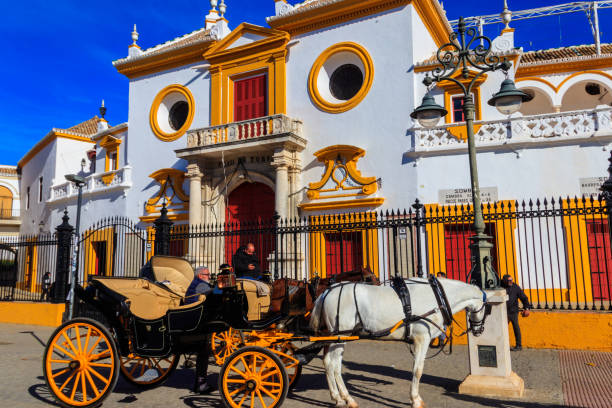 horse carriage in front of the maestranza bullring in seville, spain - maestranza bullring photos et images de collection