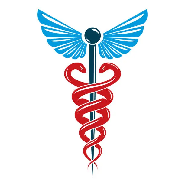 Vector illustration of Caduceus symbol made using bird wings and poisonous snakes, healthcare conceptual vector illustration.
