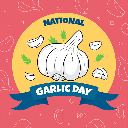 National Garlic Day Illustration. Suitable For National Garlic Day Celebration, Poster, Social Media Or Background. Illustration Vector With Doodle Style