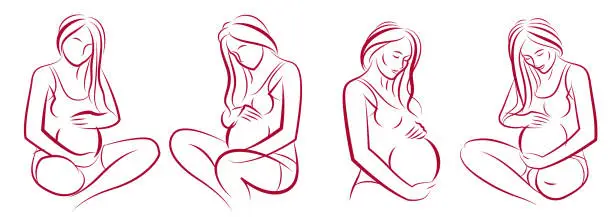 Vector illustration of Pregnancy and motherhood theme vector illustrations set pregnant woman drawings isolated on white background, prenatal pregnant beautiful female new life theme.