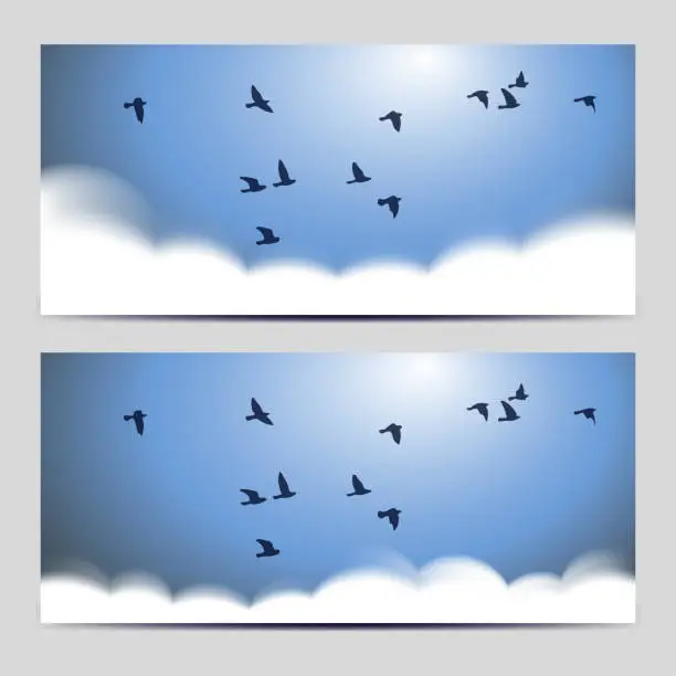 Vector illustration of Clouds on blue sky banner with birds and sunlight, gradient mesh for web and print template