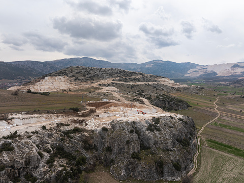 Aerial view of marble quarry in Burdur, Turkey. Taken via drone.