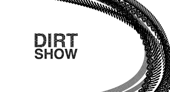 Dynamic Black and White Graphic Illustration Featuring Bold ‘DIRT SHOW’ Typography Amidst Circular Patterns Vector isolated texture. background illustration