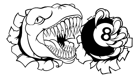A dinosaur or lizard angry mean pool billiards mascot cartoon character holding a black 8 ball.