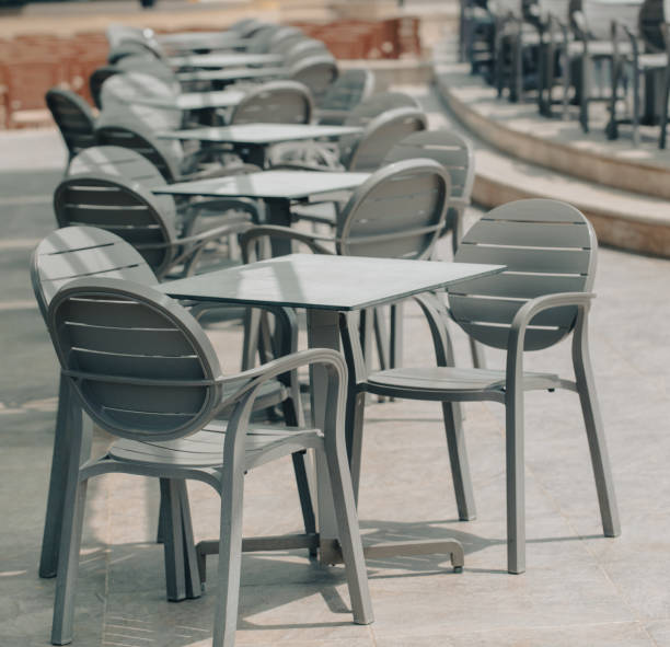 istock Plastic tables with chairs in a restaurant 2145915150