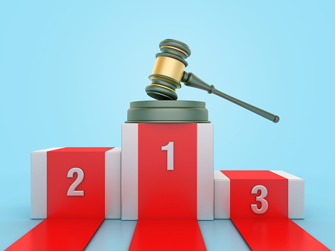 Legal Gavel with Winner Podium - Colored Background - 3D Rendering