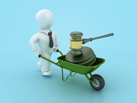 Legal Gavel and Cartoon Business Person with Wheelbarrow - Colored Background - 3D Rendering