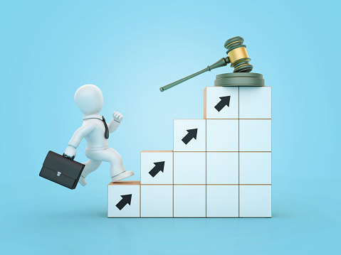 Legal Gavel with Arrow Blocks and Cartoon Business Person - Colored Background - 3D Rendering